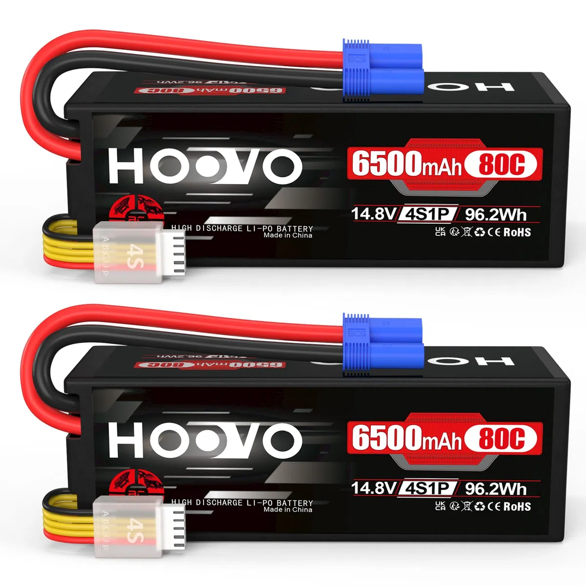 Batteria Lipo 4S 14,8 V 6500 mAh 80 C RC batteria EC5 spina Hard Case ricaricabile HOOVO per RC Auto Camion Buggy Quadcopter Elicottero Aereo Racing Drone (2 pezzi)