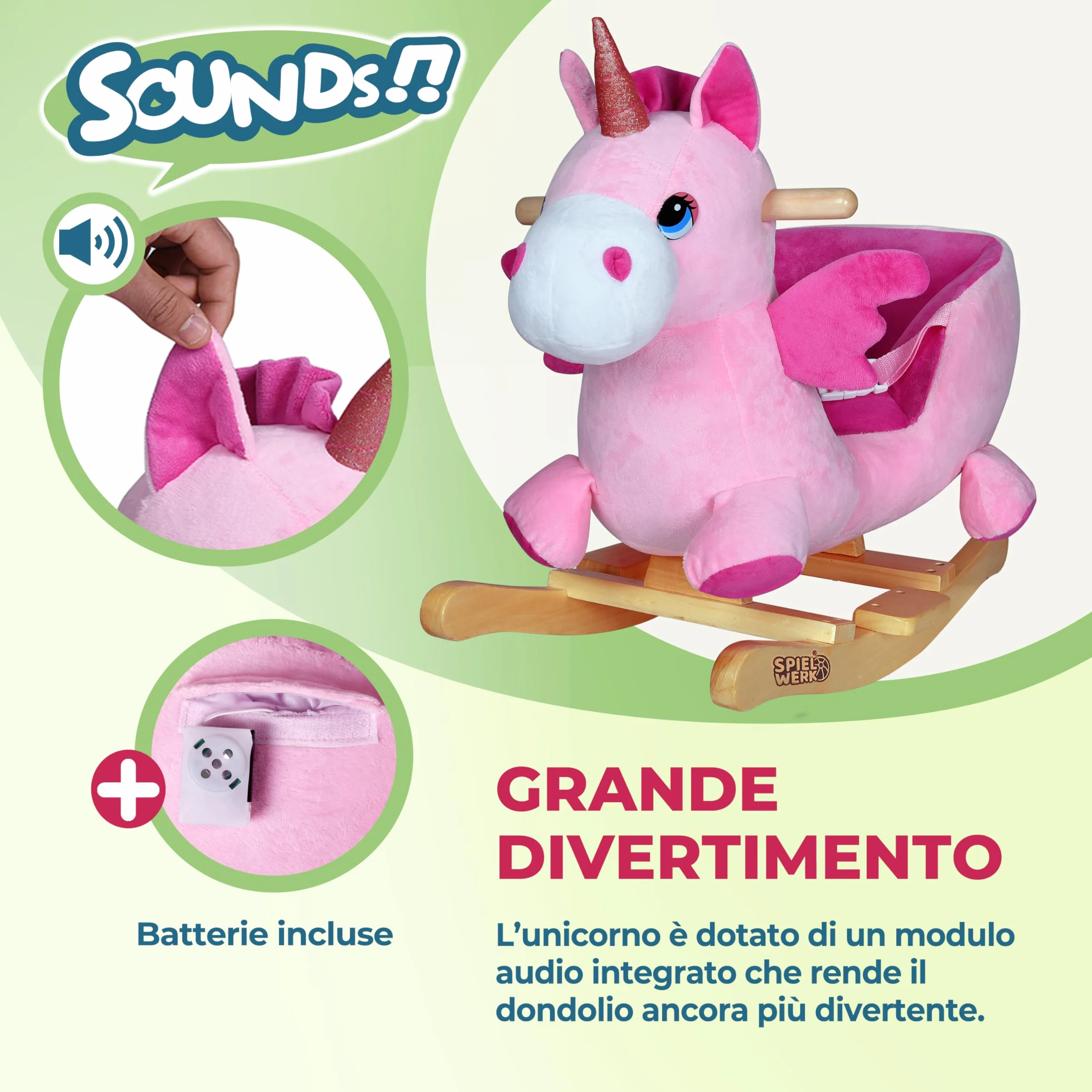 DEUBA® Unicorno Rosa Peluche a Dondolo Legno con Suoni Cintura di Sicurezza Giochi Infanzia Bambini Giocattolo Regalo