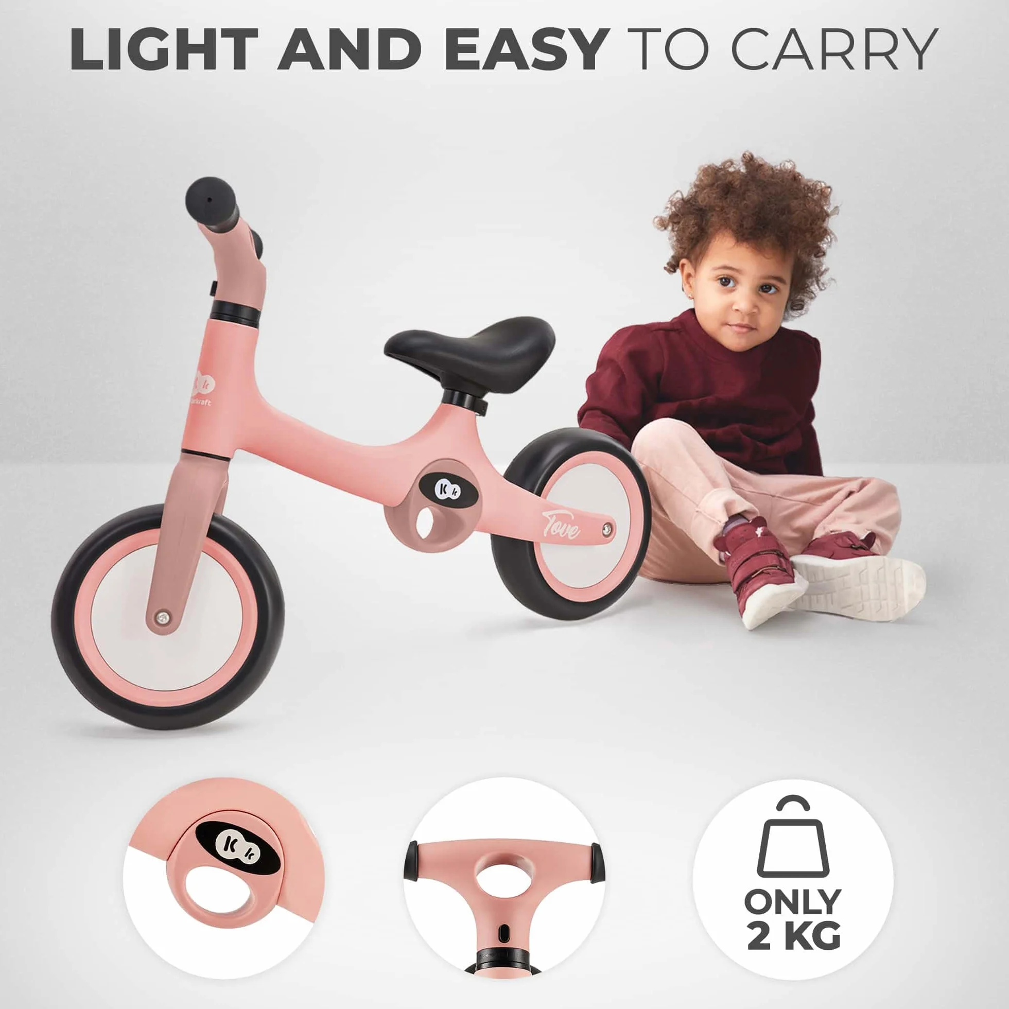 kk Kinderkraft TOVE Bicicletta bambini da 1,5 anni, Bici senza pedali, Design sportivo, Regolazione della sella, Bloccasterzo, Montaggio facile, Struttura leggera - 2 kg, Rosa