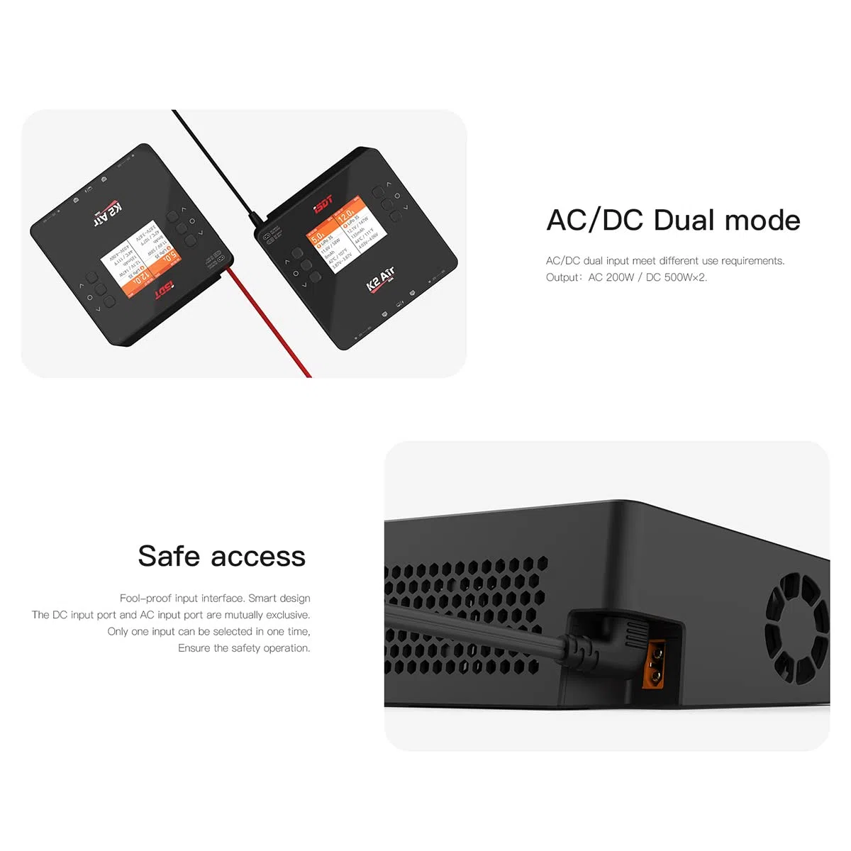 ISDT K2 Caricabatterie Lipo Scaricatore bilanciamento AC 200W DC 500Wx2 Dual per modelli RC Caricatore astuto dell'equilibrio della batteria dell' hobby RC LCD 1-6S Li-ion Life NiCd NiMH LiHV PB