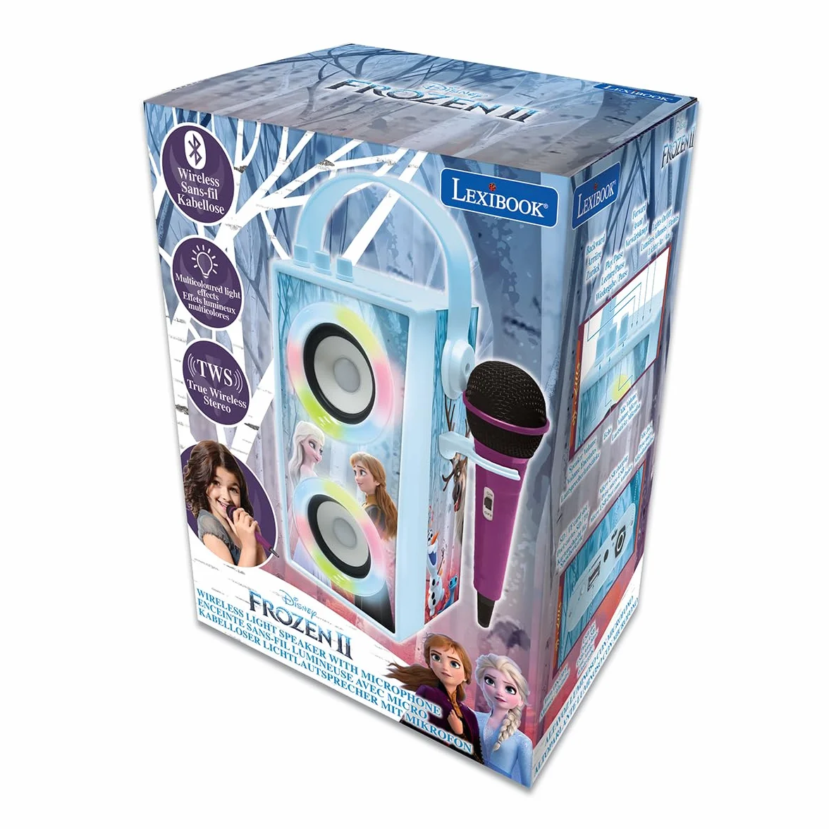 Lexibook Disney Frozen Altoparlante Bluetooth portatile con microfono, karaoke, luce, USB, batteria ricaricabile, blu/viola, BTP180FZZLXB