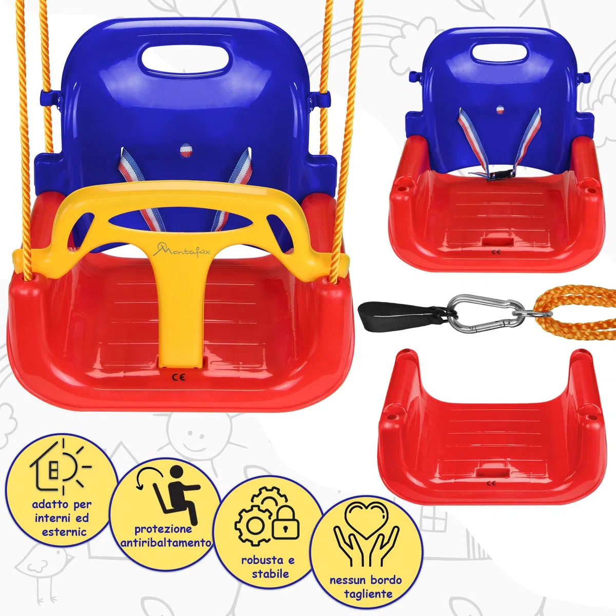 Montafox Altalena per bambini regolabile 3 in 1 seggiolino crescente con schienale e cintura di sicurezza, colorato
