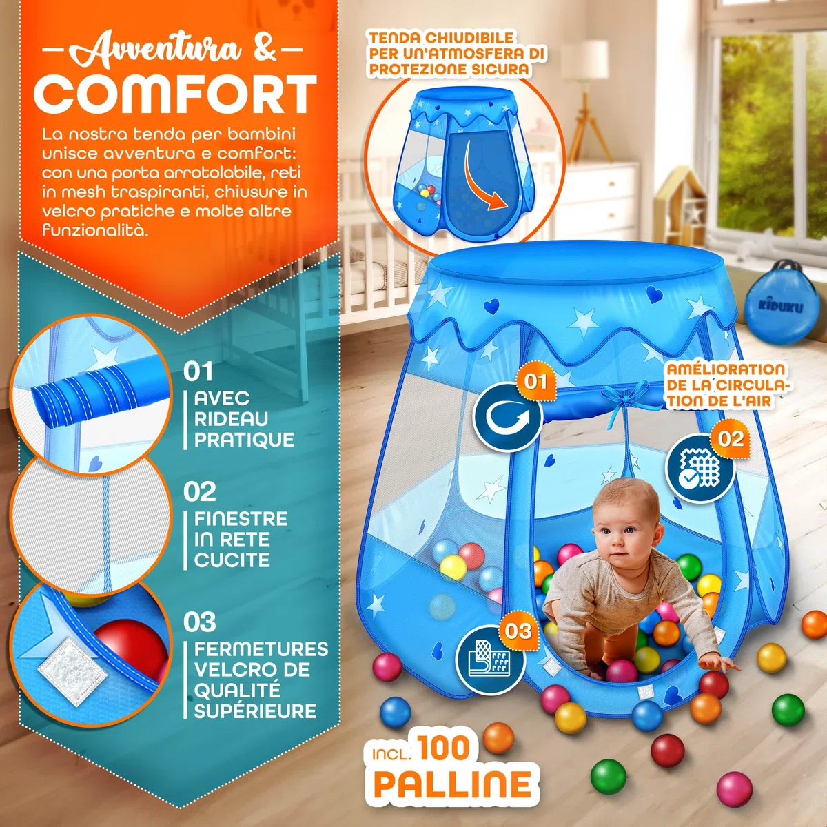 KIDUKU Tenda da gioco per bambini pop up 100 palline borsa Blu