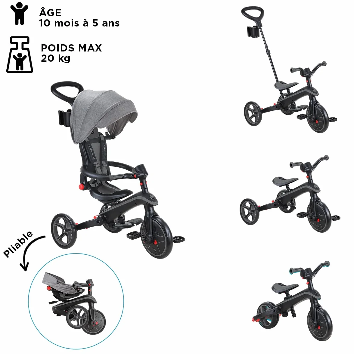 Globber - Triciclo Explorer 4 in 1 - Triciclo pieghevole ed evolutivo in stile draisiano per bambini dai 10 mesi ai 5 anni