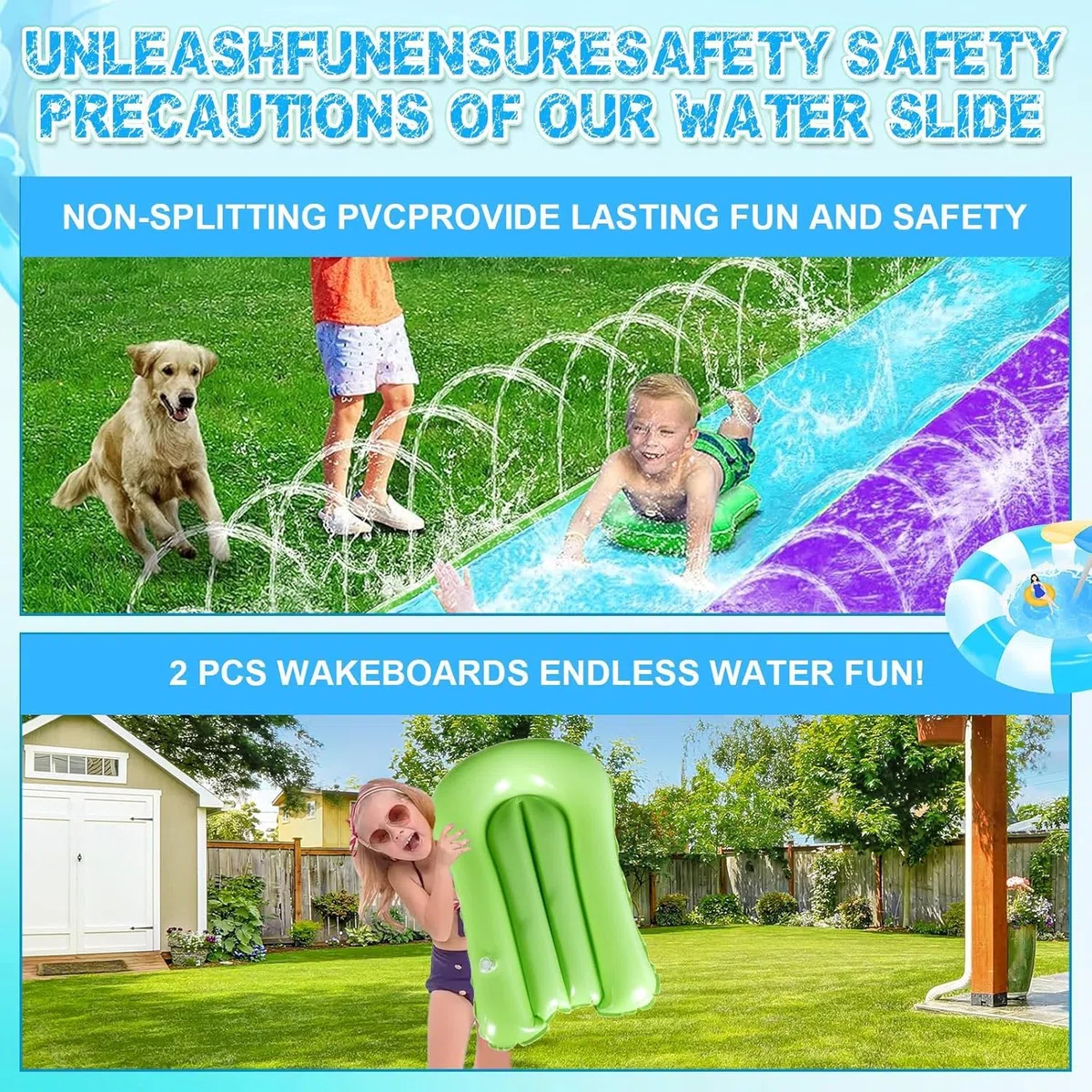 Doppio Scivolo ad Acqua 480 cm con 2 Bodyboards Scivolo Acquatico Giardino Piscina Fuori Terra per Bambini e Adulti