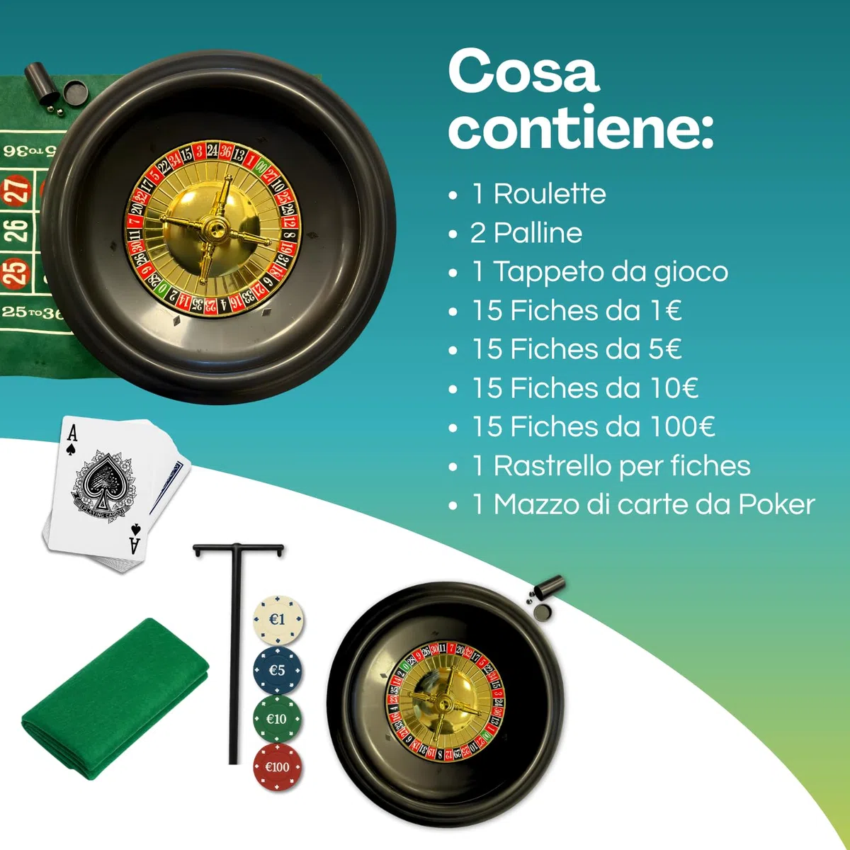 PALUPLUS Set da Casinò Completo con Roulette da 30 cm, Panno Verde da 80x30,5 cm, 1 Mazzo di 54 Carte, 60 Fiches e Rastrello, kit da tavola per serate in famiglia e feste -9303C -1,37