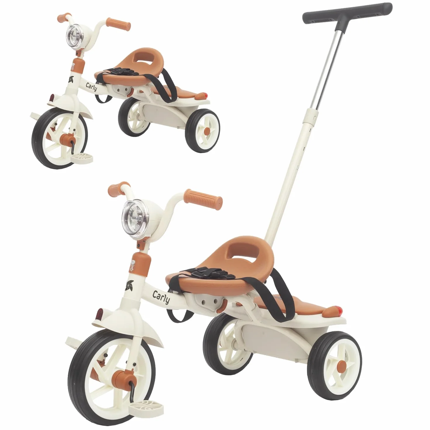 Twinly Triciclo Evolutivo per Bambini Pieghevole per bambini 1-5 Anni - Triciclo per Bambini Leggero e Compatto - Manubrio con Luce e Suono, Cestino e Barra di Spinta Regolabile Carly (Bianco)