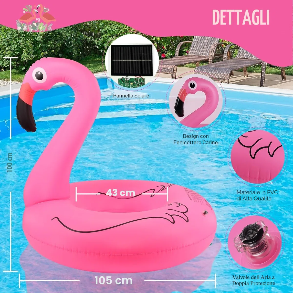 DeeprBling Fenicottero Gonfiabile Piscina con Luce Solare, Galleggiante Fenicottero Gonfiabile per Piscina, Salvagente Gonfiabile per Adulti, Fenicottero Gonfiabile Grande per Mare (106x106x100 cm)