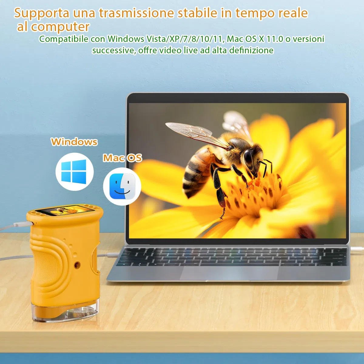 Microscopio digitale per bambini, ingrandimento 1000X con schermo IPS da 2,0", ricaricabile tramite USB e portatile, 8 luci LED, per uso esterno, arancione, regali per bambini dai TRE anni in su.