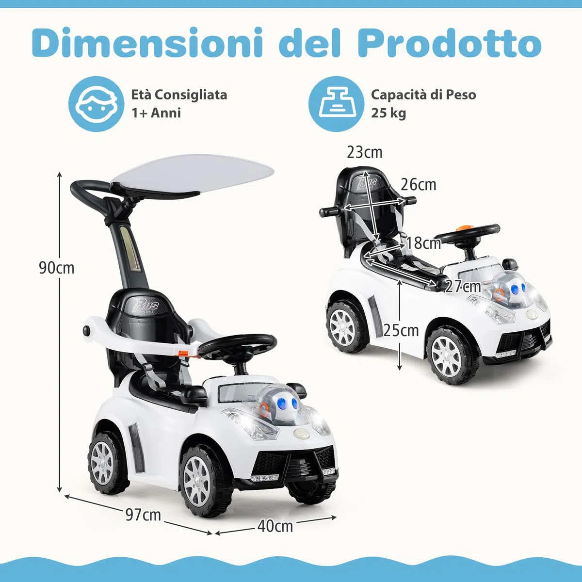 COSTWAY 3 in 1 Auto a Spinta Macchinina da Passeggio per Bambini 1+ Anni Bianco