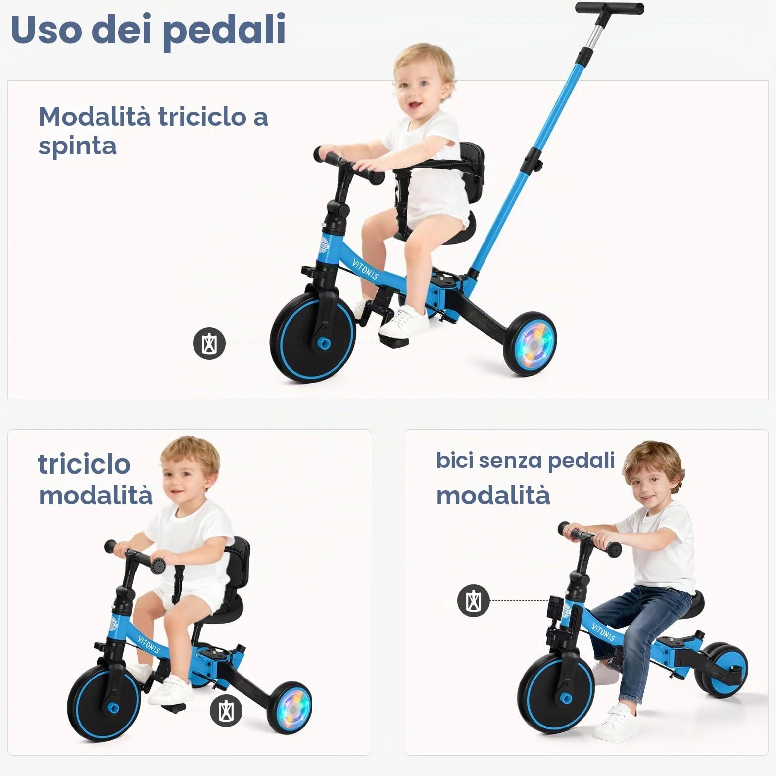 VITONIS Triciclo 5 in 1 per bambini dai 18 mesi ai 3 anni, con ruote lampeggianti, maniglione di spinta, schienale e cintura di sicurezza, regalo per bambini e bambine, bicicletta senza pedali, blu