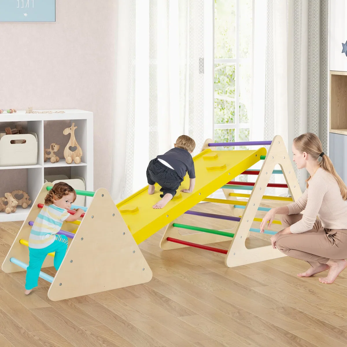 RELAX4LIFE Triangolo da Arrampicata in Legno con Scivolo, 2 Scale e 1 Rampa, Giochi Montessori per Bambini 1+