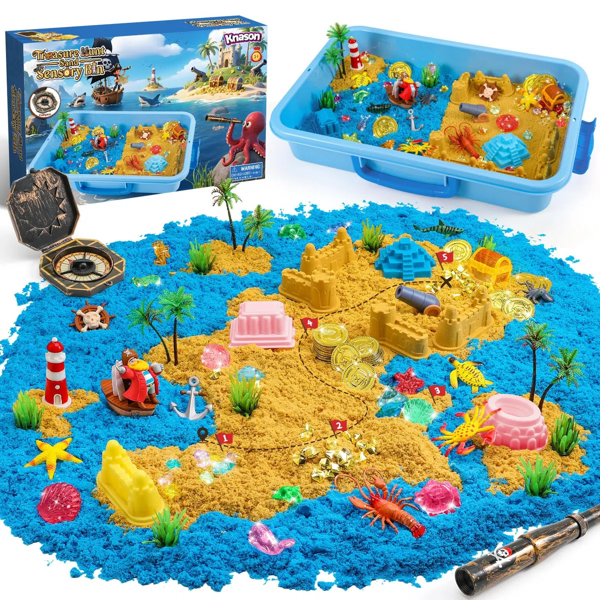KNASON Sabbia Giocattolo per Bambini,Scrigno del Tesoro Pirata Kit di Sabbiera con 1KG Sabbia Magica,Illuminano al Buio Gemme e Mappa,Regalo di Natale e Compleanno per Bambini 3 ai 8 Anni