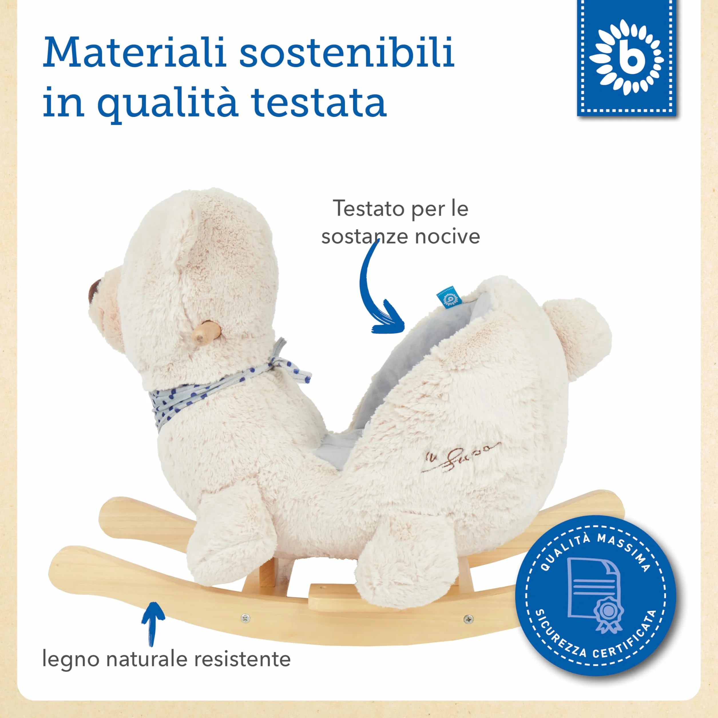 Bieco 74002111 - Dondolo Peluche Crema Orso Giocattolo, Sedia a Dondolo per Bambini con Struttura in Legno, Seduta e Schienale, Giocattoli a Dondolo, Schaukelbär per Neonati e Bambini da 9m +