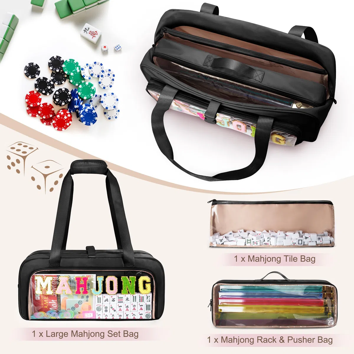 Yarwo Custodia Trasparente per Tiles Mahjong Americana, 3 Pezzi, Con Tappetino, Cerniere e Lettere in Ciniglia, Nero