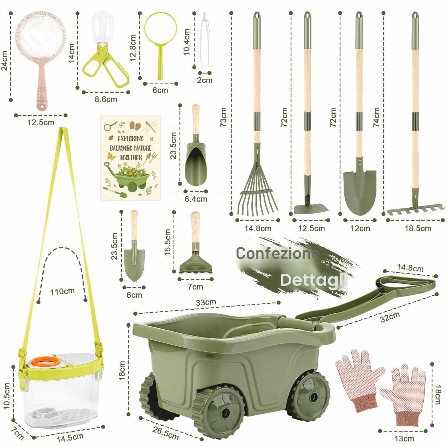 Dreamon Carriola per Bambini 17PCS – Set Giardinaggio Bambini con Attrezzi Lunghi e Corti, Guanti, Kit Esplorazione con Scatola Insetti, Retino, Lente d’Ingrandimento – Gioco Educativo Esterno 3+ Ann