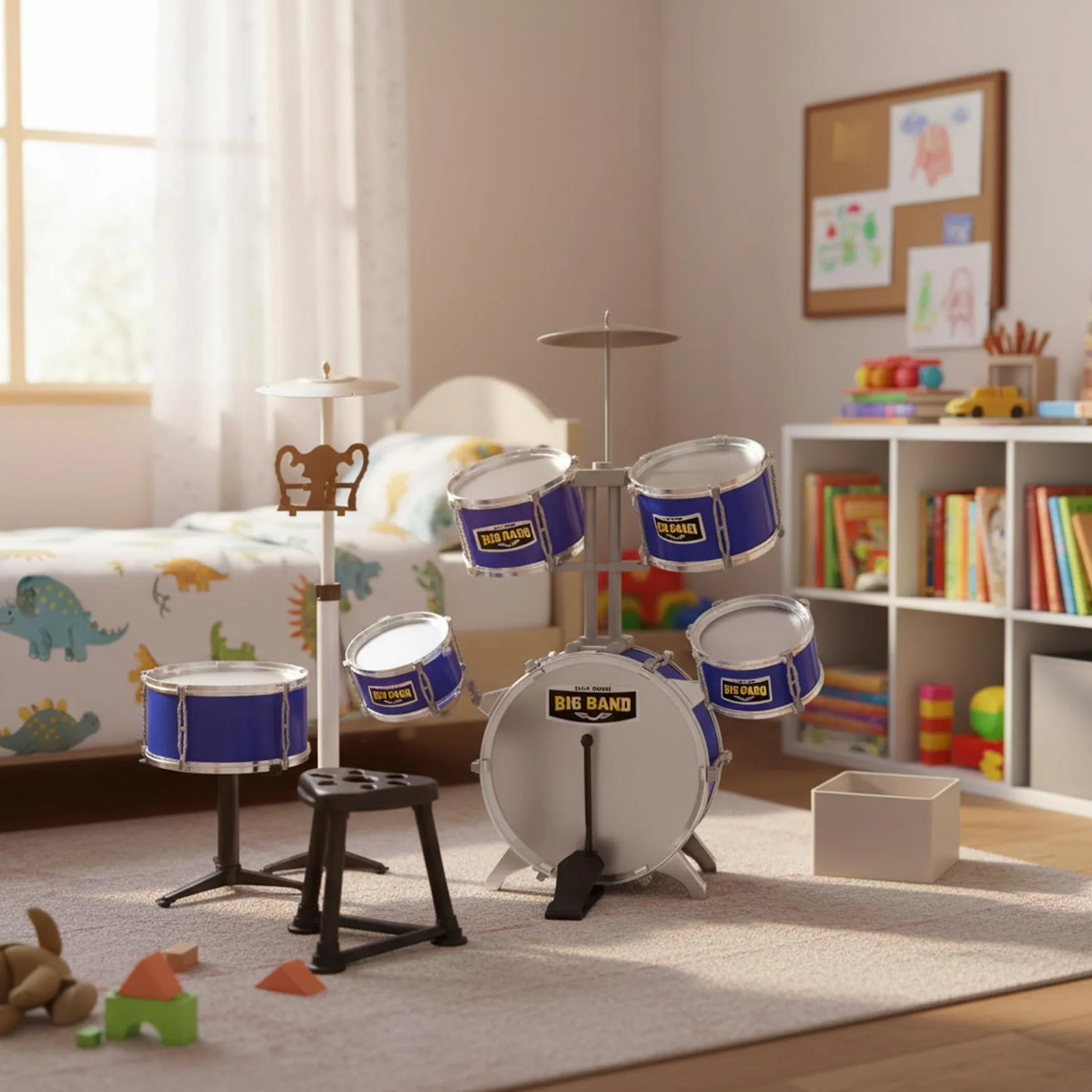 Set Batteria per Bambini Baroni Toys, Batteria Giocattolo Completa 8 Pezzi con Sgabello, Tamburi e Piatti, Gioco Musicale Educativo, +3 Anni, Blu, 72x43x83cm
