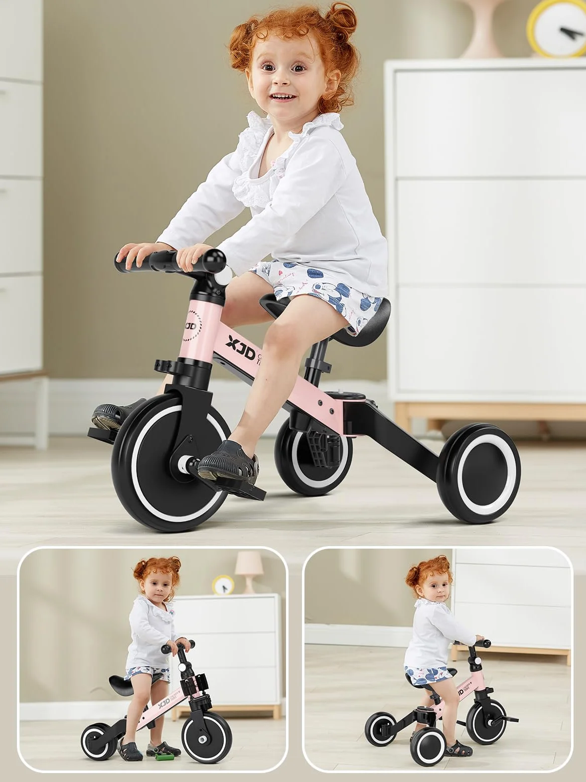 XJD Triciclo 3 in 1 per bambini e ragazze da 10 a 36 mesi senza pedali per bambini con regolabile sedile manubrio e pedali smontabili 1 anno regalo di compleanno (Rosa, 3 en 1 - Clásico)