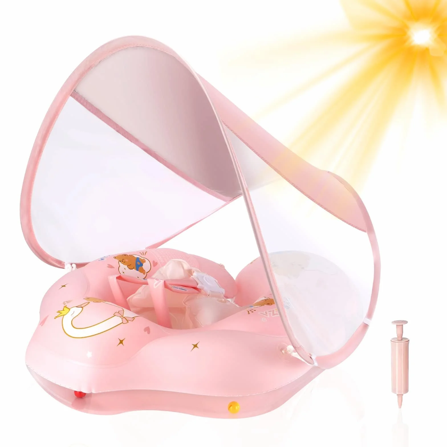 WYRIAZA Salvagente Neonato, Ciambella Neonato Mare | Salvagente Neonato con Parasole SPF 50+ | Salvagente Neonato 5-16Kgs Aggiornato con Sfera di Equilibrio per Evitare Il Ribaltamento