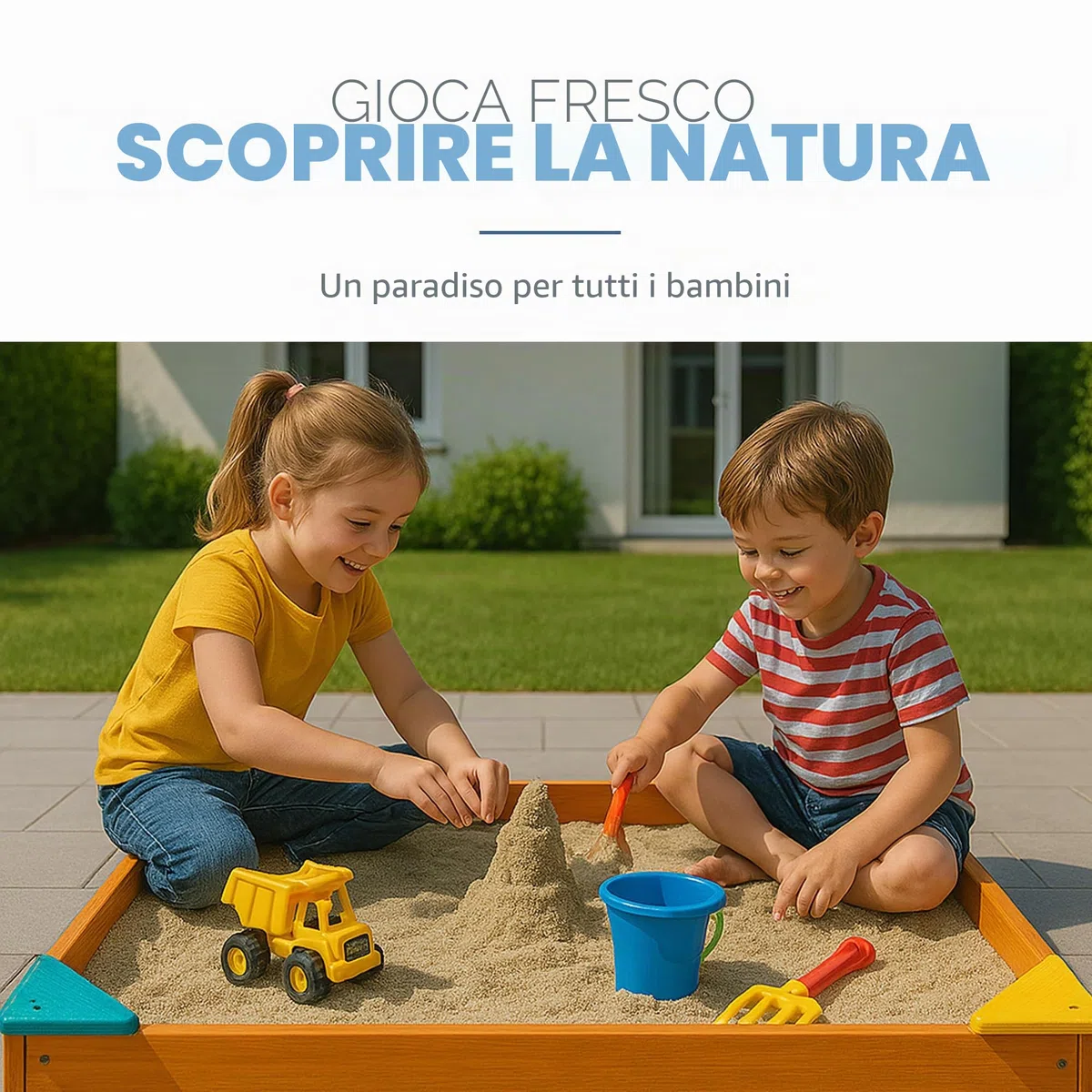 Bestlivings Sabbiera con copertura 90 x 90 x 16 cm, sandbox in legno con telone contro erbacce e coleotteri, cassetta con angoli colorati per il giardino