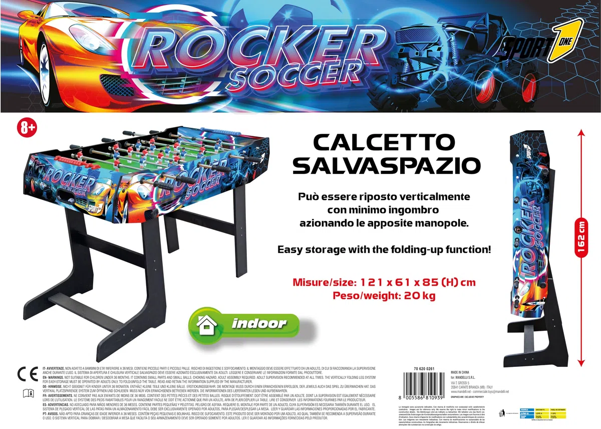 Sport1 Calcetto salvaspazio pieghevole. Calcetto balilla con gambe, da interno in MDF, misure 121x61x85cm. Bigliardino da casa con 8 aste passanti. Segnapunti e palline incluse. Uso indoor