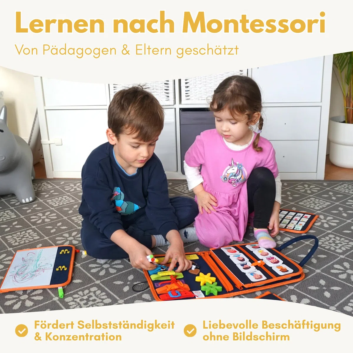 Lion's Collection® Busy Board Tedesco - Montessori Giocattoli a partire dai 3 anni per promuovere le capacità motorie e la creatività - Activity Board per bambini - Busy Book & Quiet Book su 10 pagine