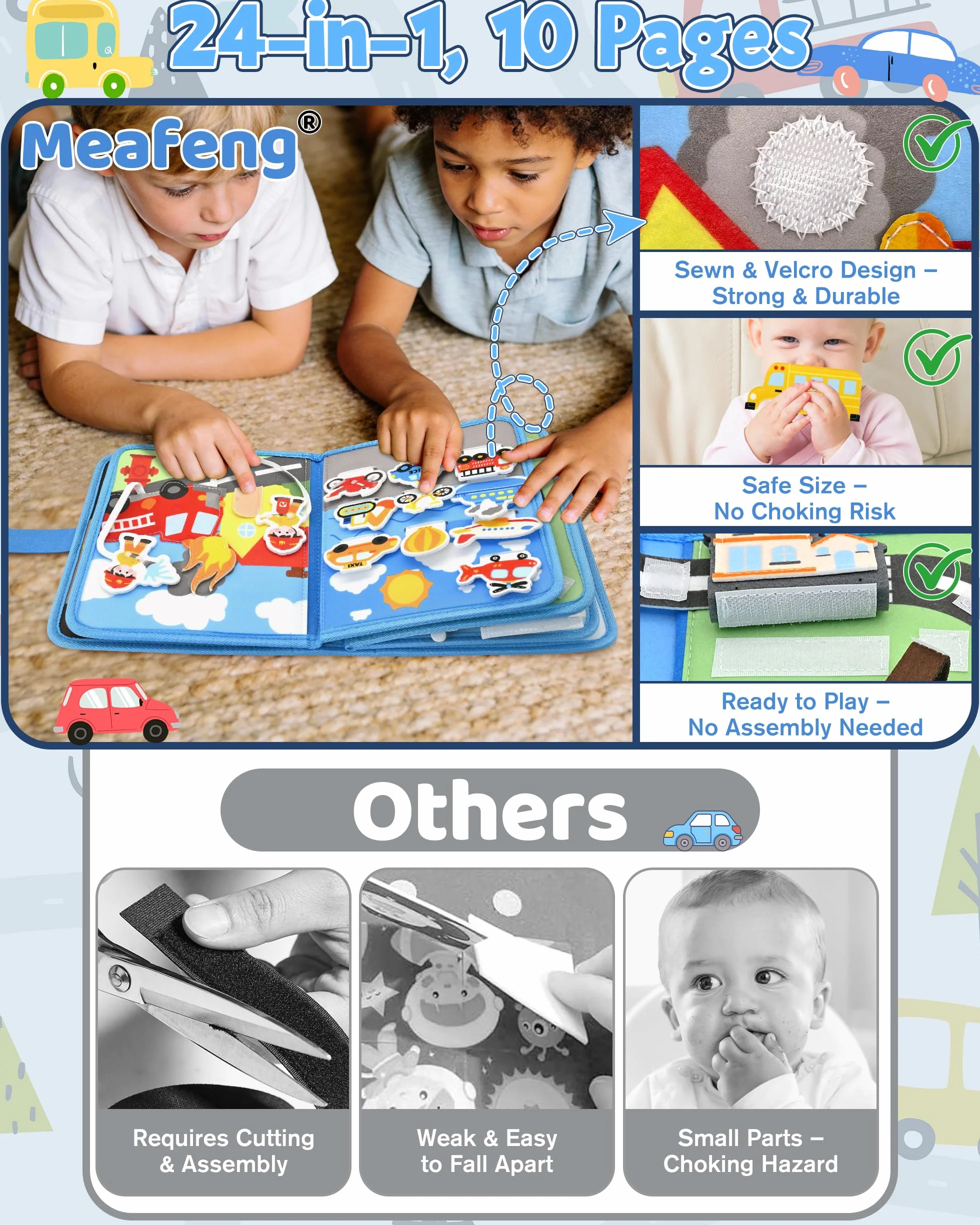 Libro Montessori Interattivo 1 Anno – Busy Board Sensoriale Educativo con Tema di Trasporto, 10 Pagine di Attività, Giochi Montessori per Bambini 1-3 Anni, Regalo Didattico e Creativo