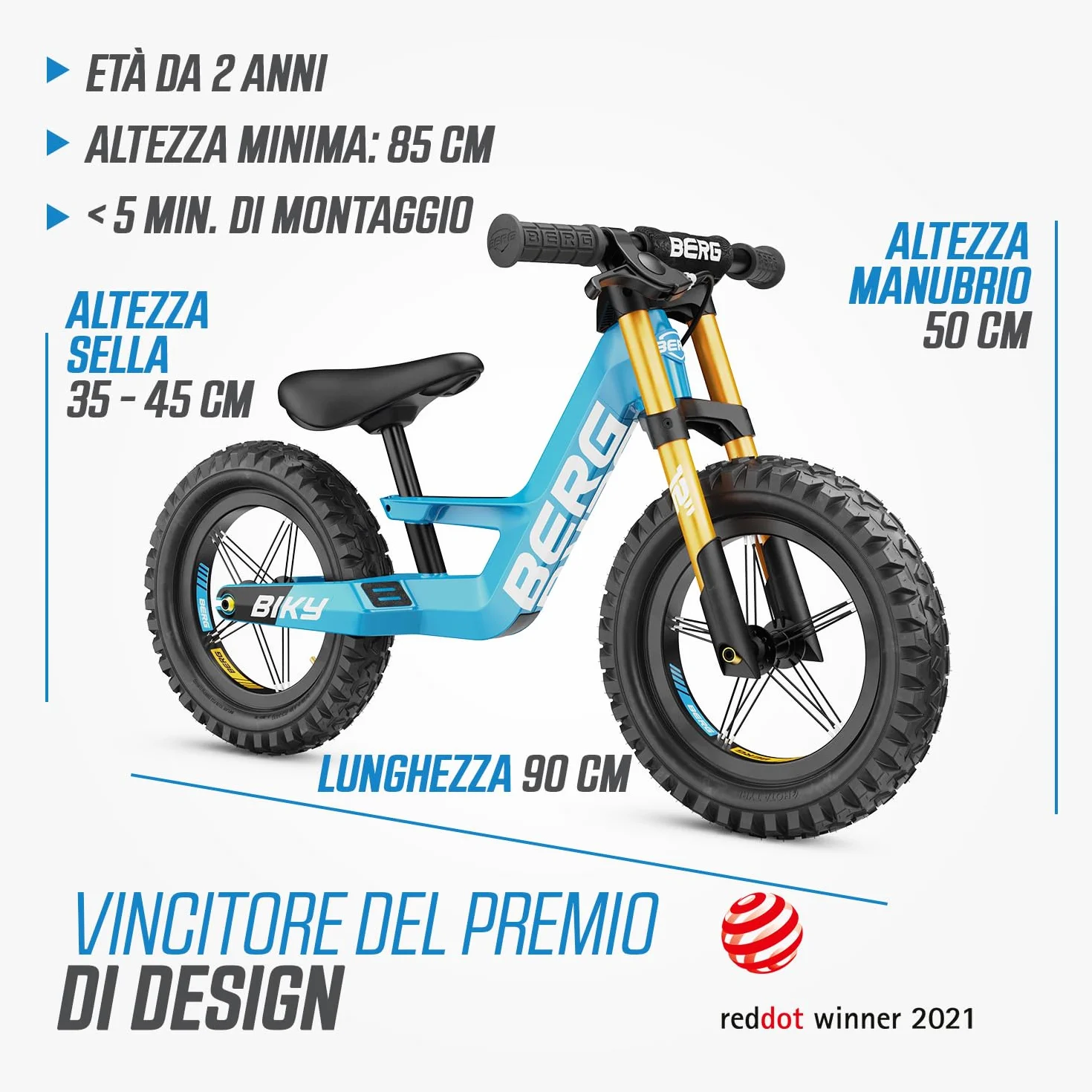BERG Biky Cross - Bicicletta da 12 pollici, per ragazzi e ragazze dai 2 anni in su, con freno a mano, pneumatici ad aria, sella regolabile in altezza e telaio leggero in magnesio