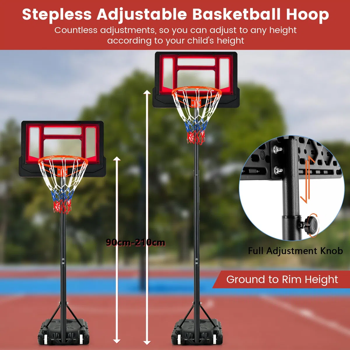 KOMFOTTEU Canestro Basket per Esterno da Pavimento, Canestro da Basket ad Altezza Regolabile 154-210 cm, Supporto da Basket con Base, Portatile con Ruote, Pallacanestro per Interno