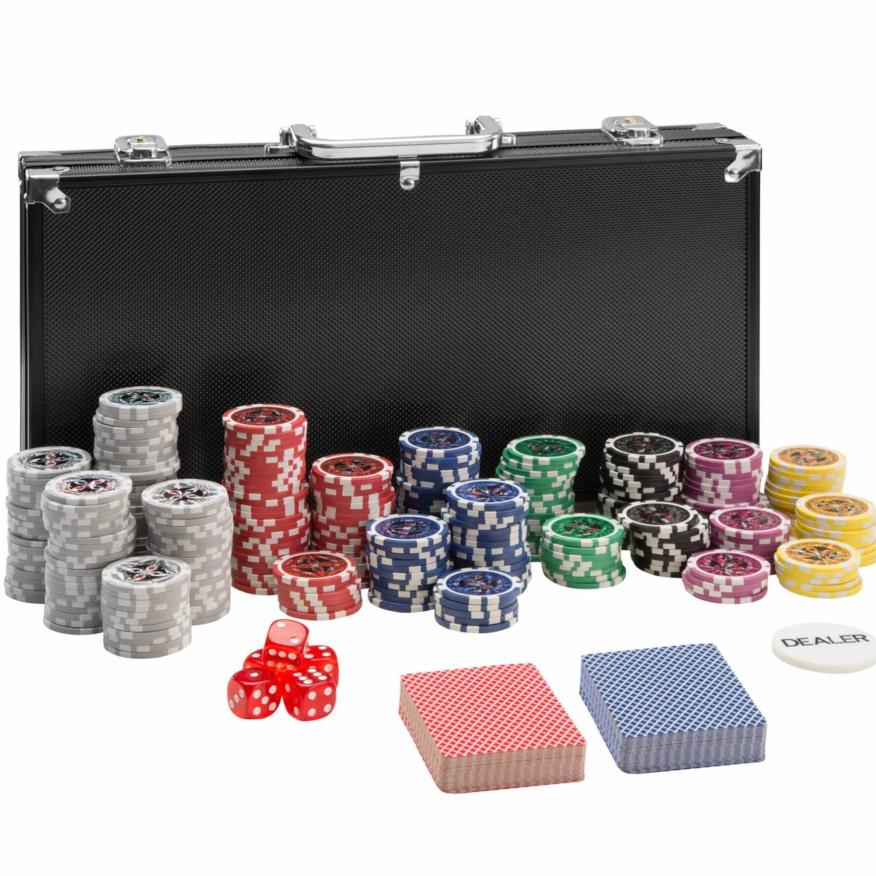 tectake® Set da Poker per Giochi con Chips Poker Professionali in Valigetta in Alluminio, 2 Mazzi di Carte da Gioco, Dadi, Fiches Grigie, Rosse, Blu, Verdi, Nere, Viola - 300 Pezzi - Nero
