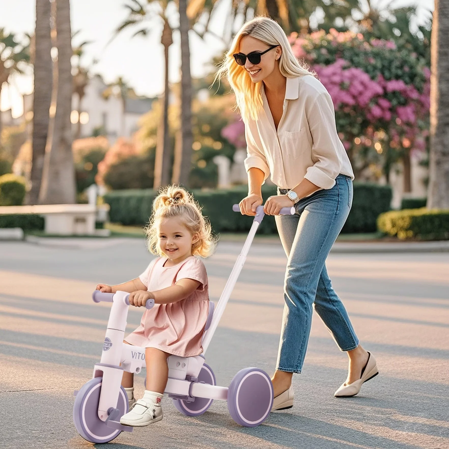VITONIS bicicletta senza pedali da 1 anno, triciclo 5 in 1 con barra di spinta per bambini, girello per bambini da 1 a 3 anni Regali e giocattoli (viola)