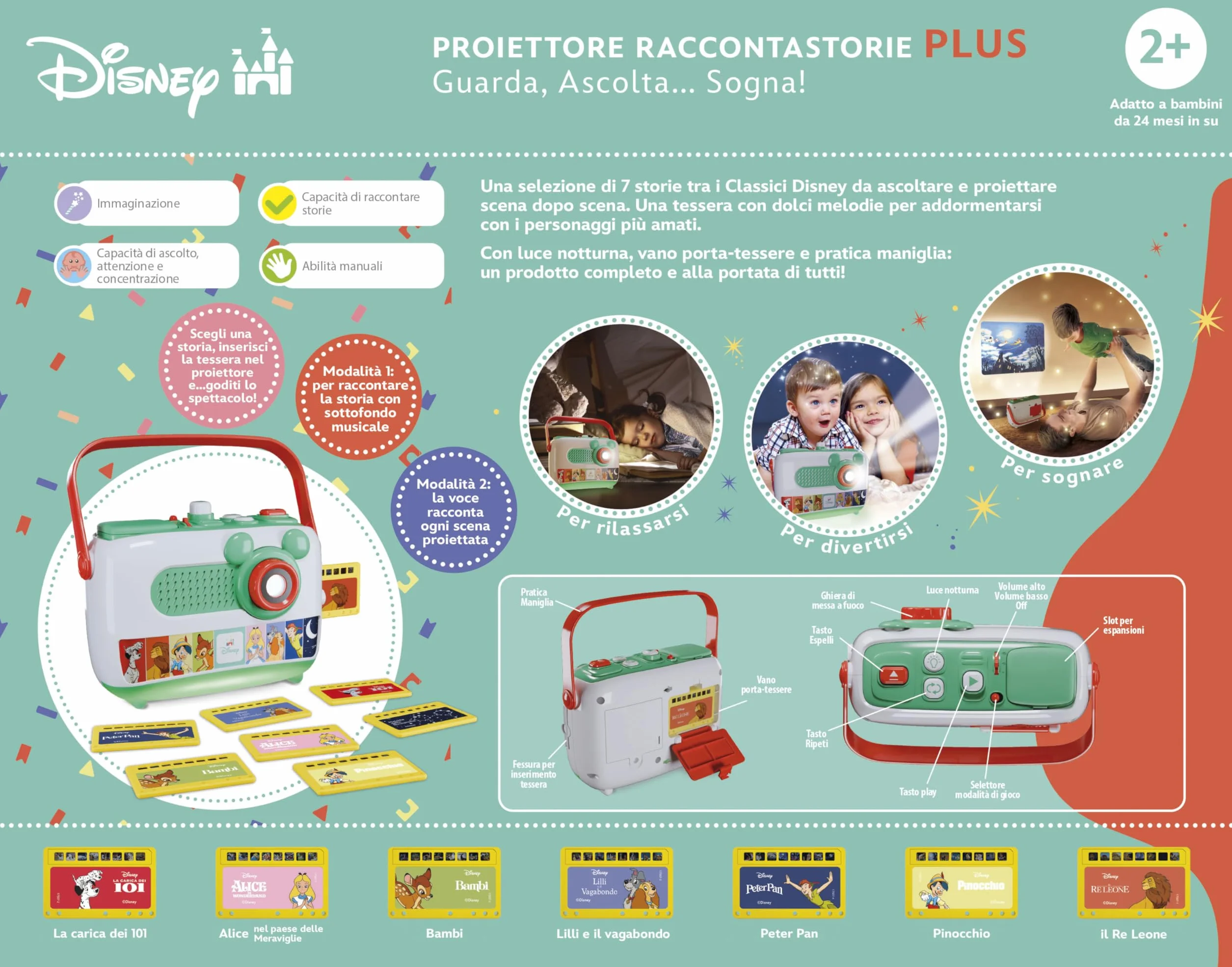Clementoni Disney Baby Proiettore Raccontastorie Plus, Storyteller per Bambini 2+ Anni, 7 Storie Classiche, Gioco Elettronico Parlante Portatile, Idea Regalo, Italiano