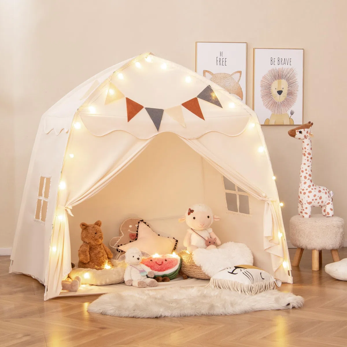 COSTWAY Tenda per Bambini con Luci Fatate, Casetta da Gioco Portatile 157x98x148 cm Beige