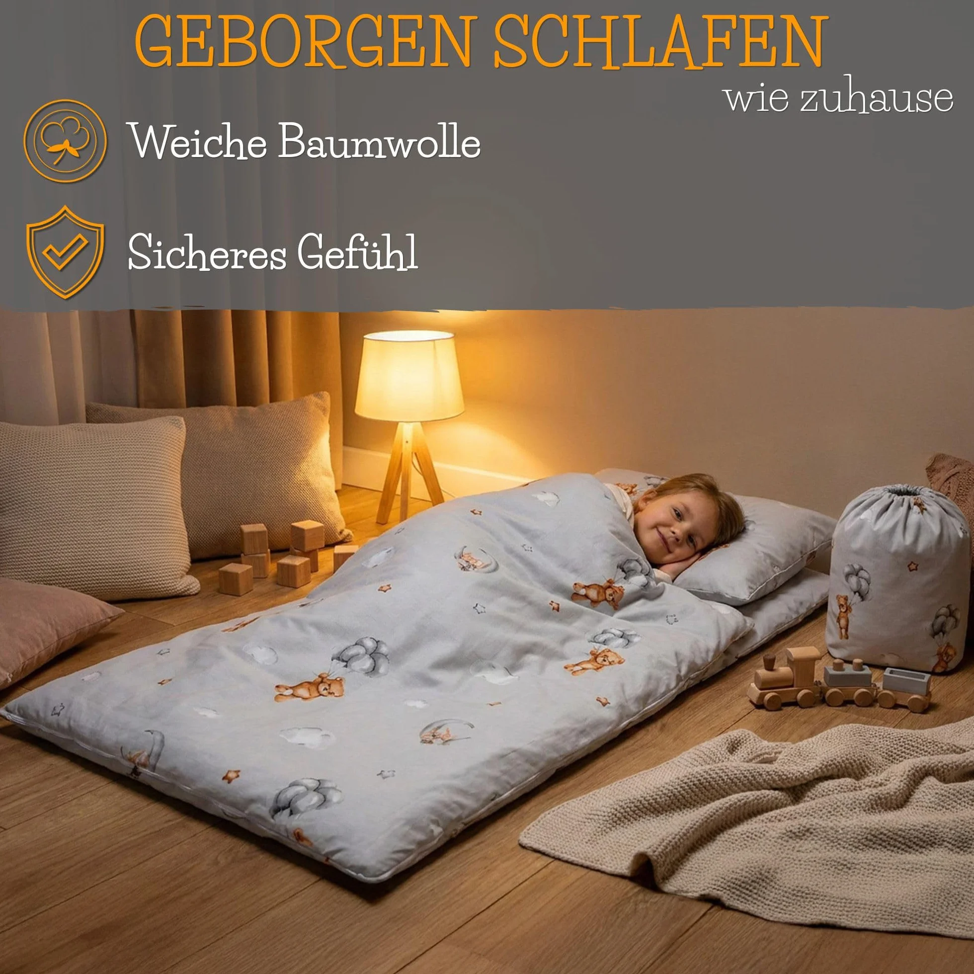 Sacco a pelo per bambini con cuscino e cerniera per bambini da 3 a 7 anni - 140 x 75 cm sacco a pelo per interni per asilo e scuola materna con coperta integrata Oeko-Tex Beige con stelle bianche