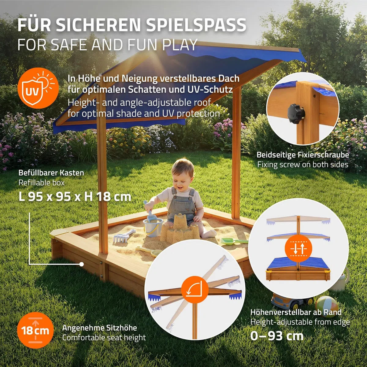 ML-Design Sabbiera con Tetto Regolabile 118x118 cm, in Legno Massello, Sandbox per Bambini con Copertura, Tessuto Base e Bordi Rinforzati, Protezione UV 50, Sabbionaia da Giardino, Gioco da Esterno