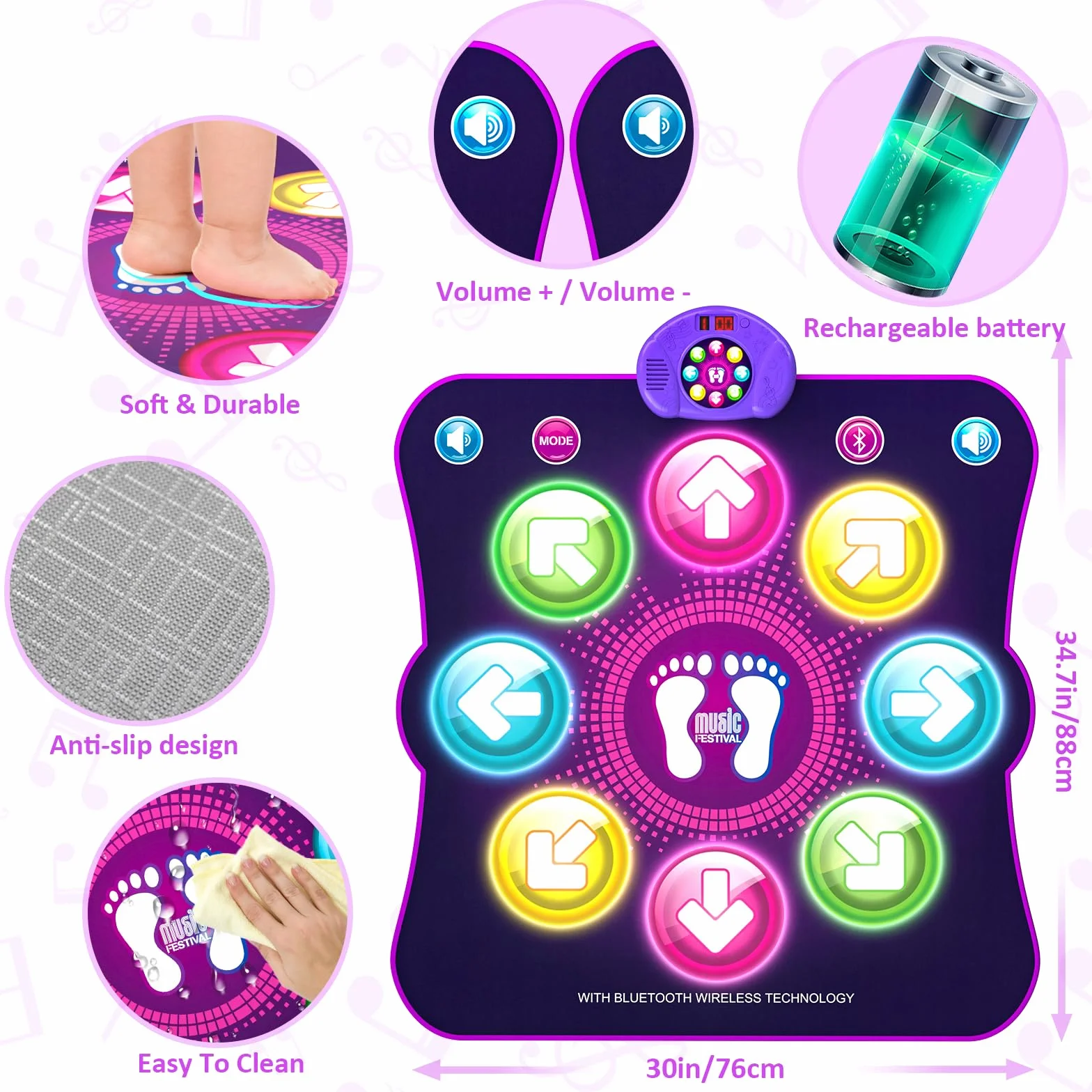 LEAPRCSTORE Tappetino da Ballo Giocattolo per Bambini,Tappeto da Ballo Illuminato con 8 LED, 6 modalità di Gioco, Batteria Inclusa, Regali di Natale di Compleanno per Ragazze 3 4 5 6 7 8 9 10+