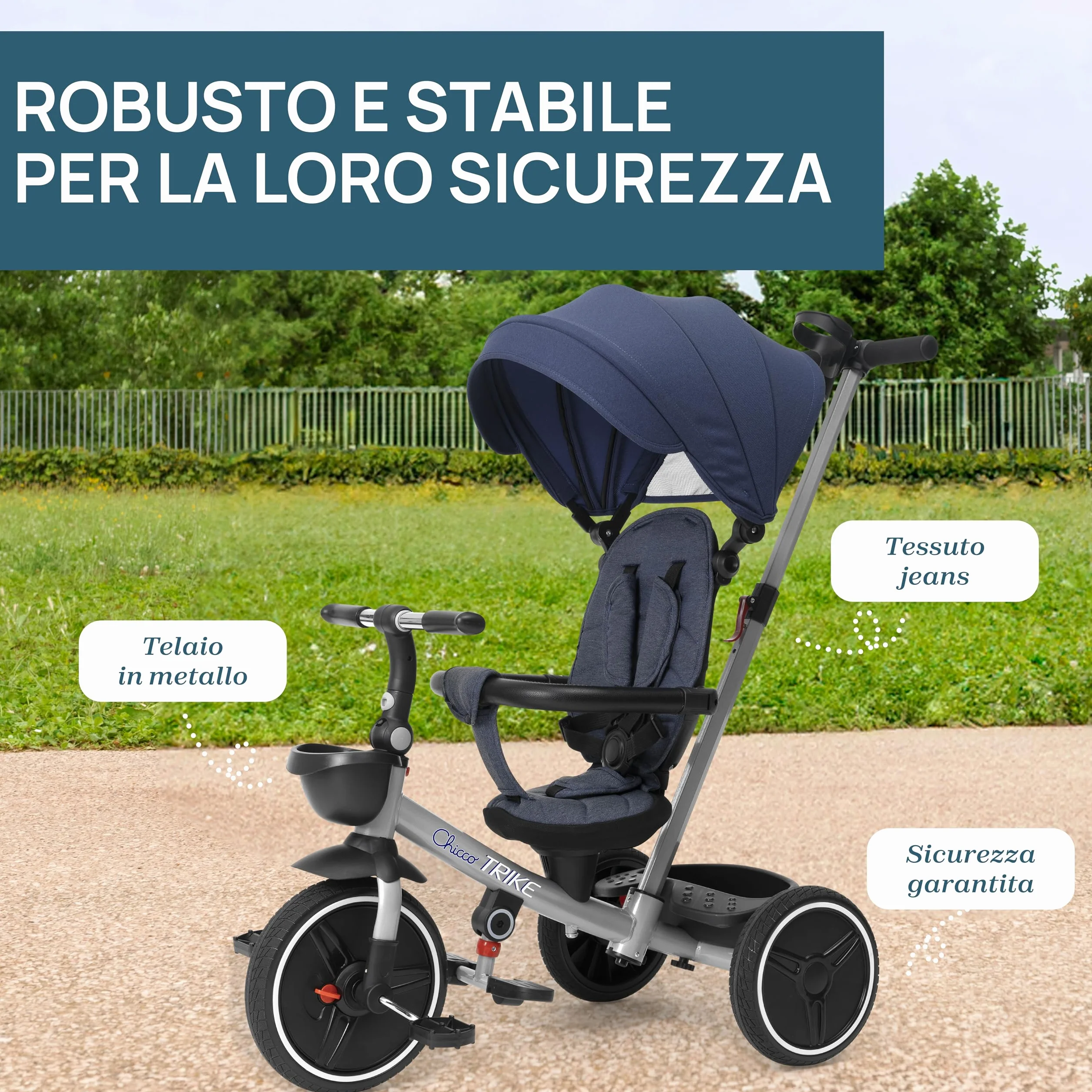 Chicco Triciclo 4in1 Evolutivo 6 Mesi-4 Anni, Ruote Gomma EVA, Maniglia Telescopica, Freno