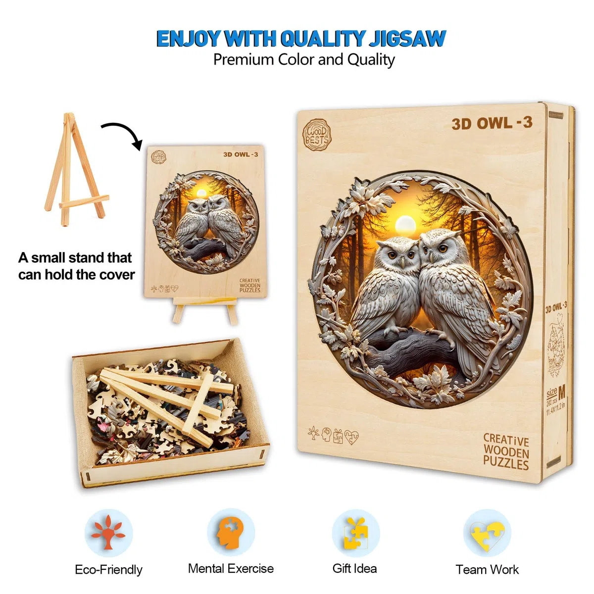 Puzzle in legno per adulti, 300 pezzi, con gufo 3D, puzzle in legno, 34 x 33,5 cm, puzzle in legno irregolare, unici a forma di animale, per adulti, bel regalo per la famiglia e gli amici