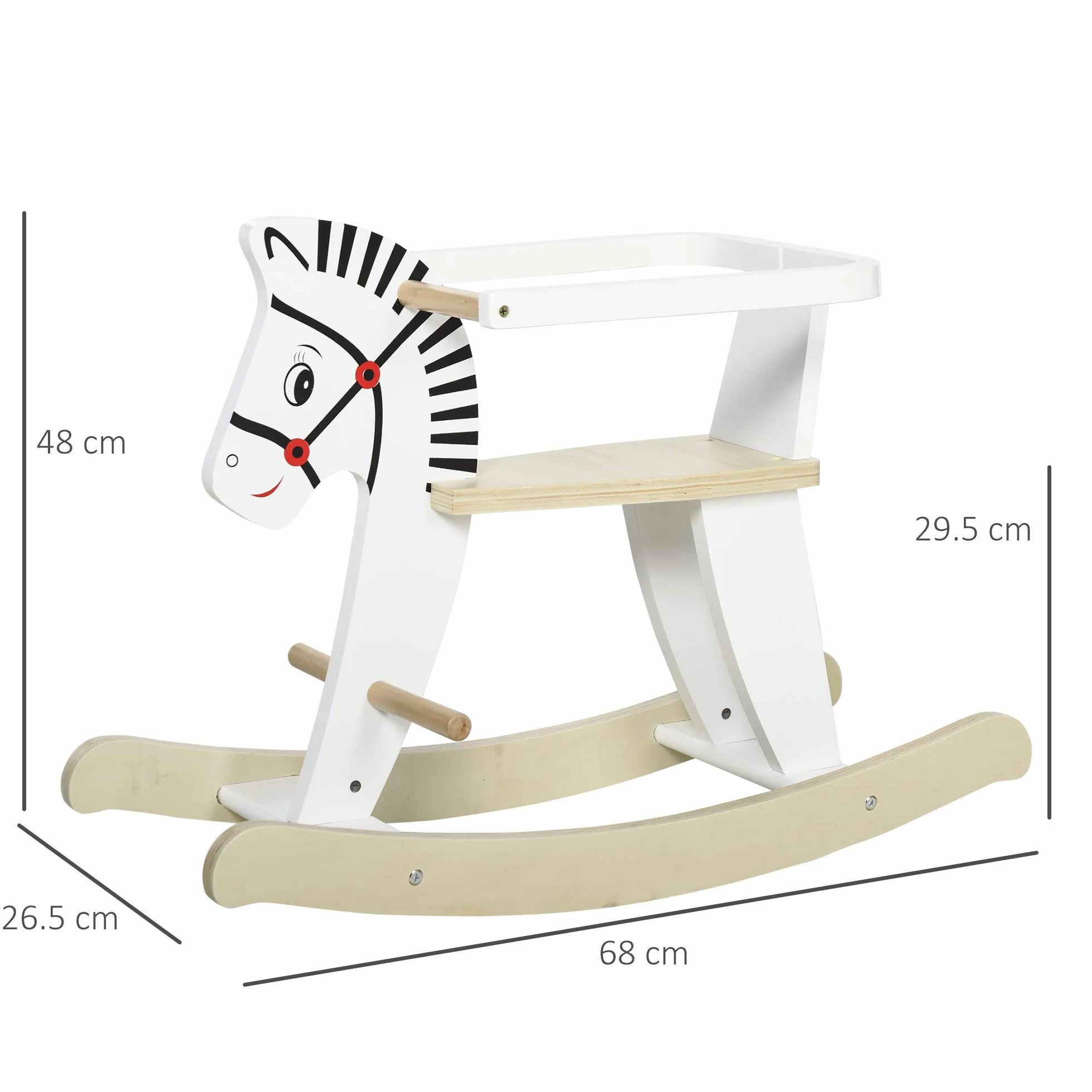 HOMCOM Cavallo a Dondolo Classico in Legno per Bambini 1-3 Anni con Bordo, Maniglie e Poggiapiedi, 68x26.5x48cm, Bianco