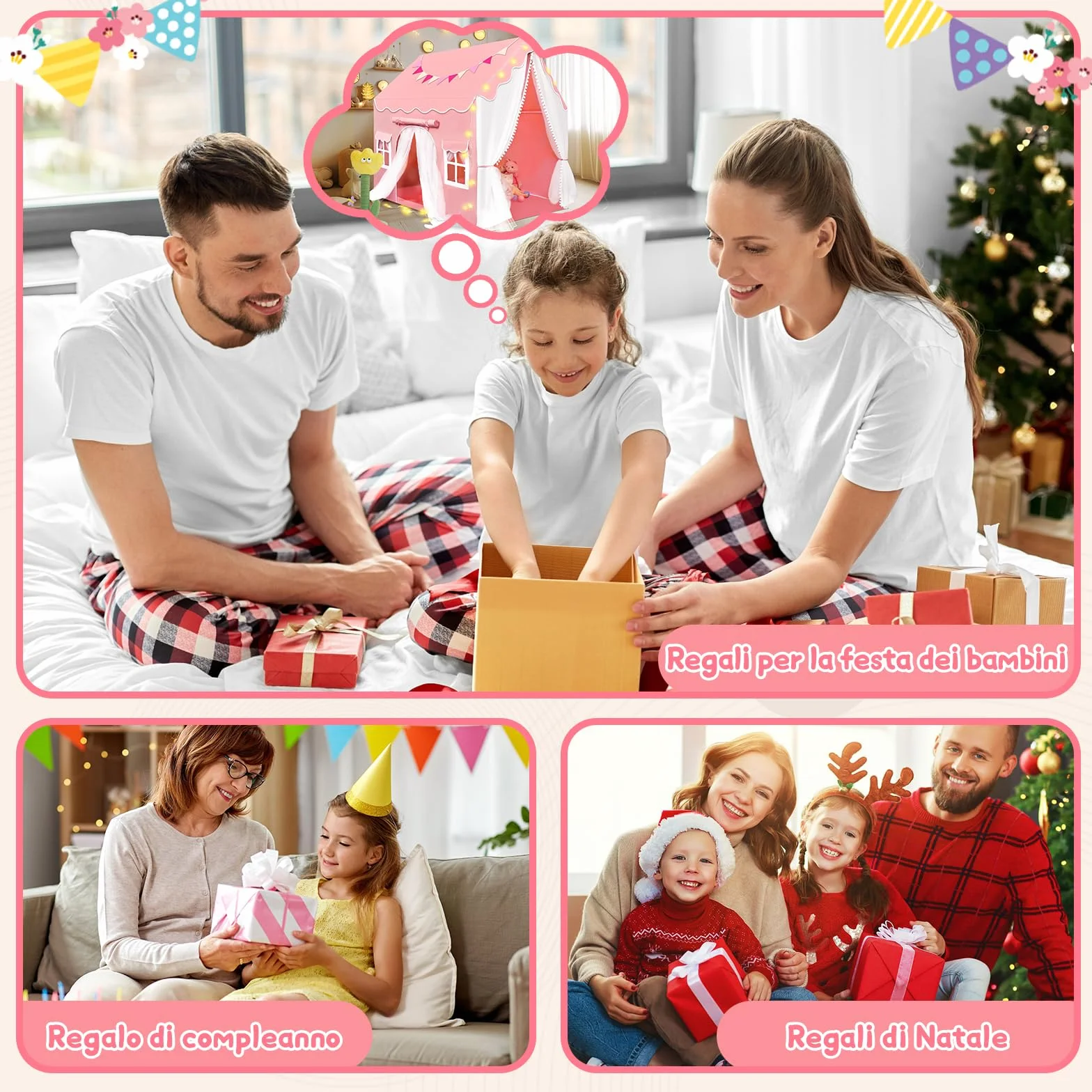 Tenda per Bambini Cameretta, Tenda da Gioco con 2 Porte per Interni Esterni con Luci LED e Bandierine, Rosa