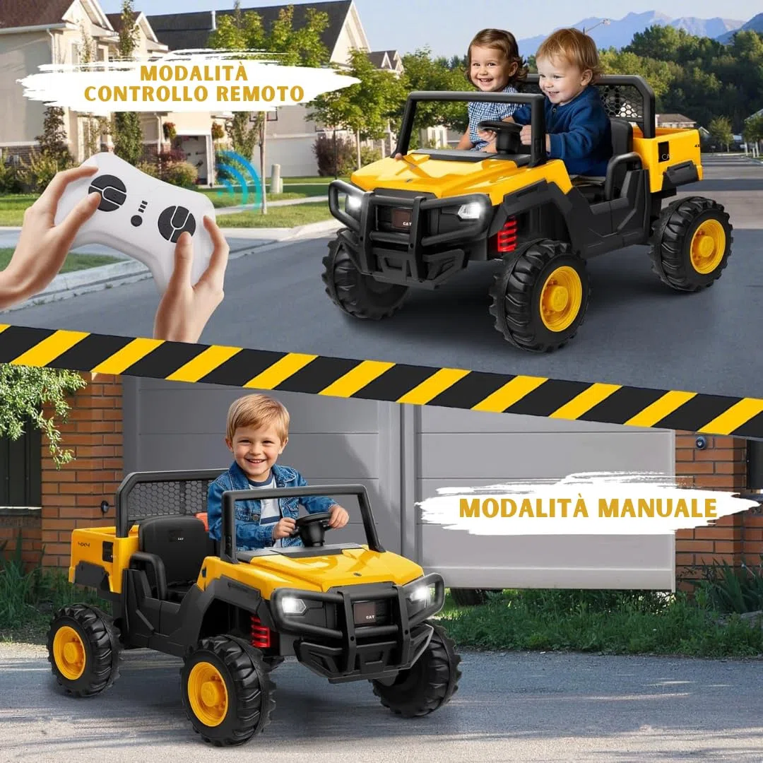 Caterpillar Macchina Elettrica 24V per Bambini Camion da Cantiere con Cassone Ribaltabile e Pala 4 Motori 100W Telecomando Genitori 50kg