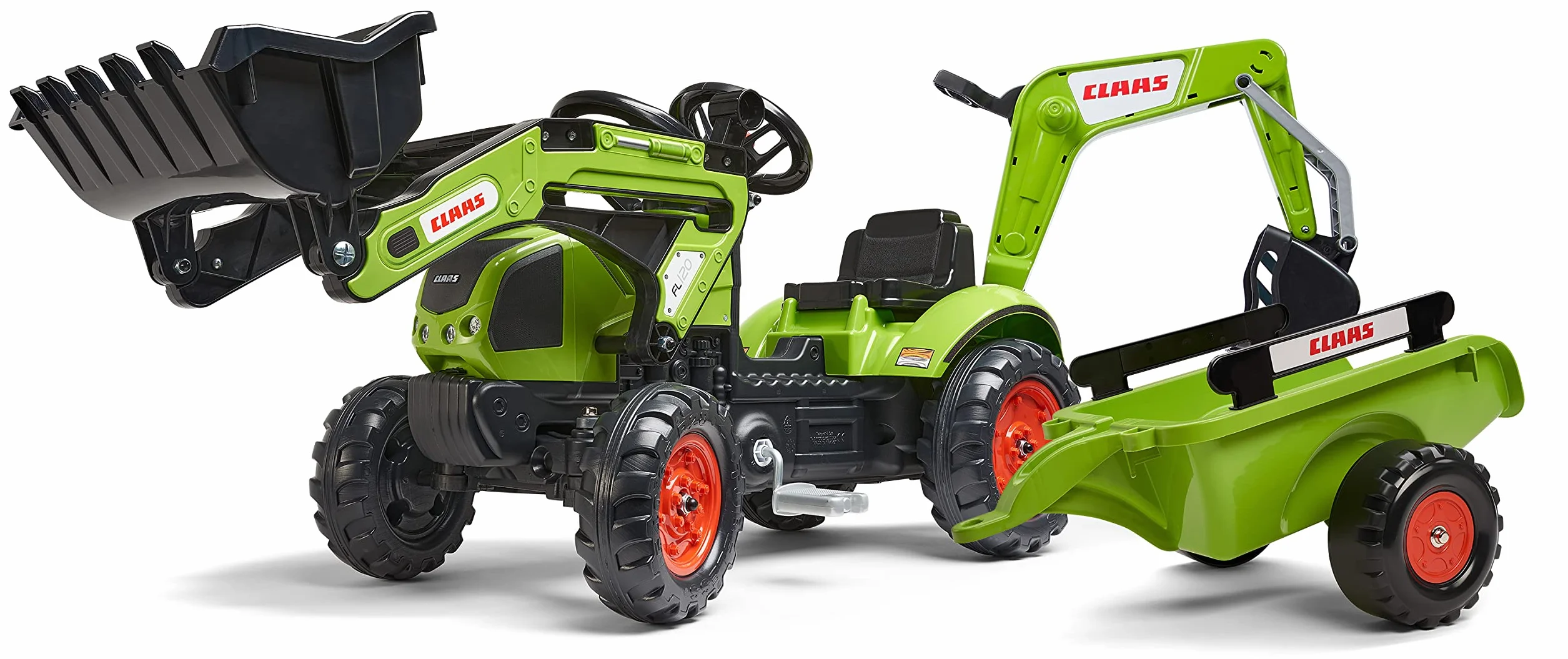 FALK Retroescavatore a pedali Claas con escavatore e rimorchio - Made in France - 2040N