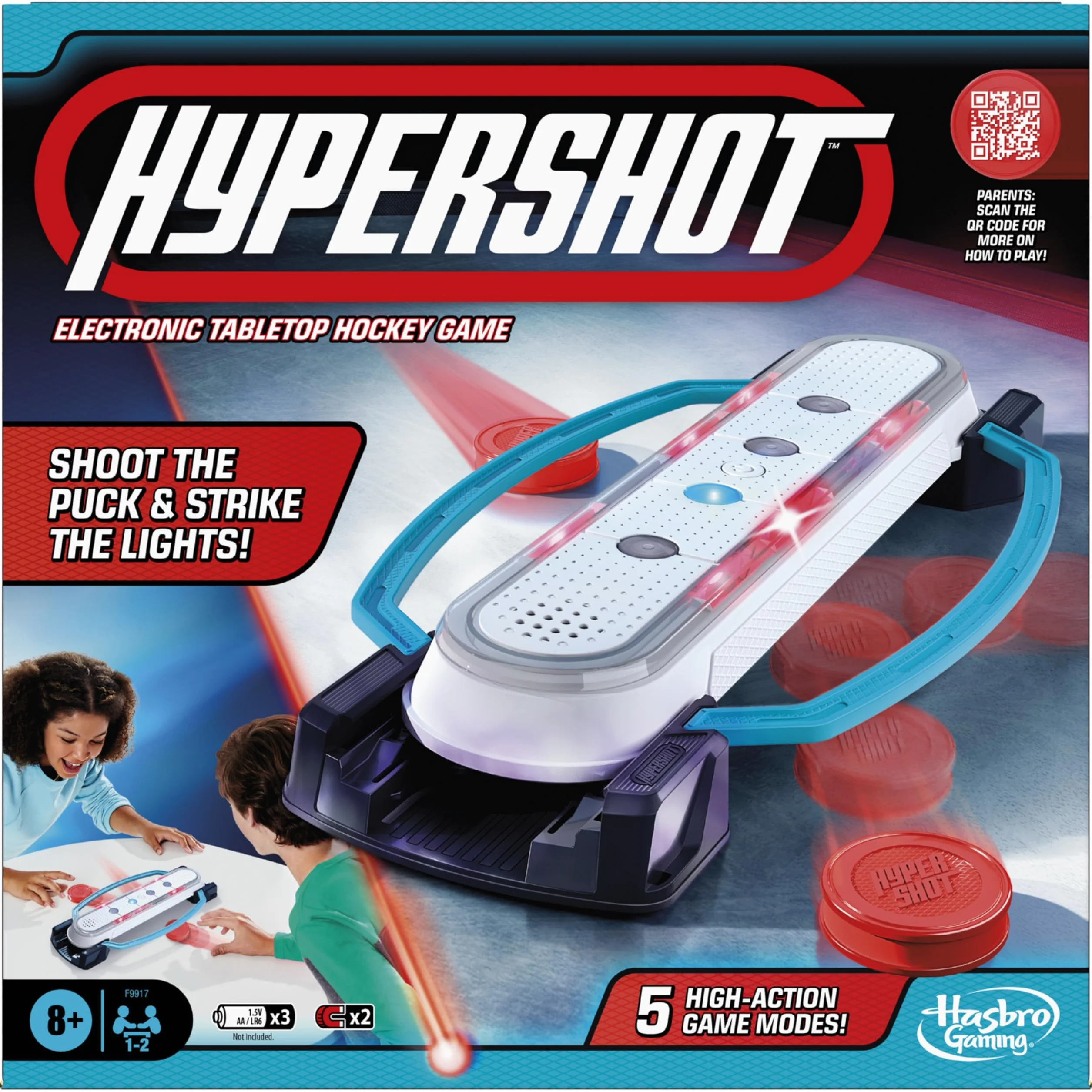 Hasbro Gaming Hypershot - Gioco elettronico di Hockey da Tavolo, 5 Giochi in 1, Musica, luci e Suoni, dagli 8 Anni in su, da 1 a 2 Giocatori, Giochi da Tavolo per Bambini