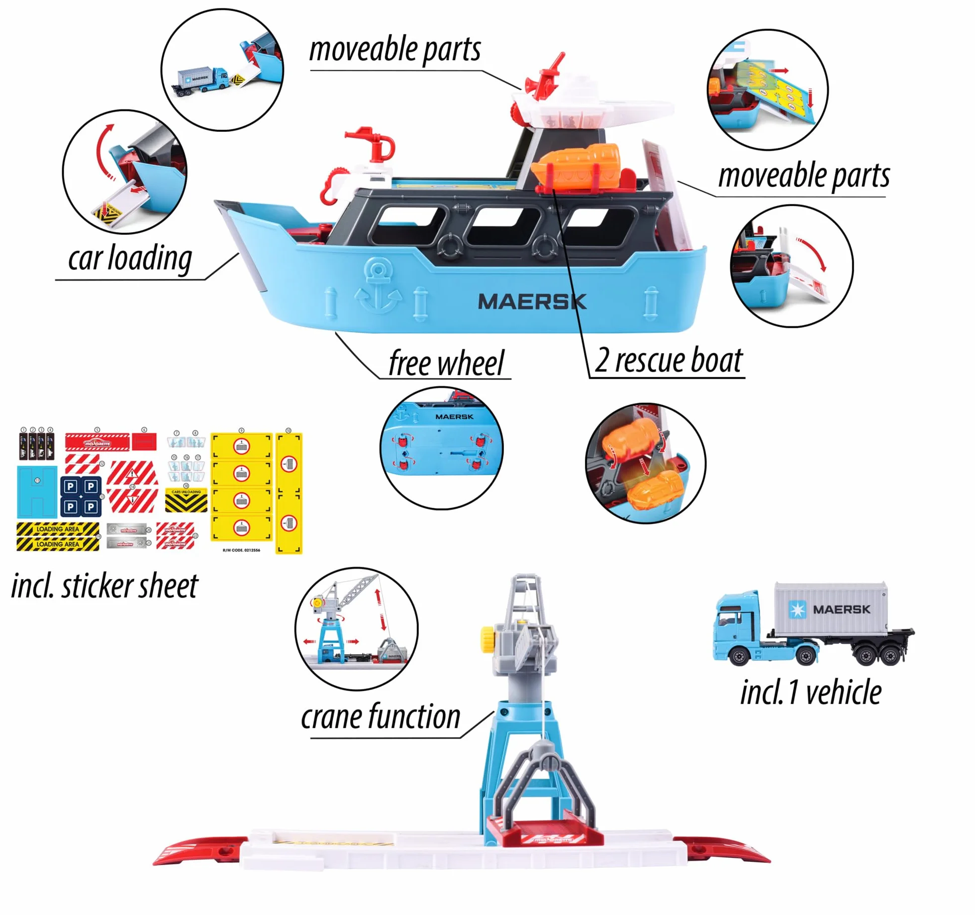 Majorette - Creatix Nave Container MAERSK, 212050039, +3 anni, playset con nave e piattaforma di carico con gru, incluso un camion con container, con due barche di salvataggio, misura 52 cm
