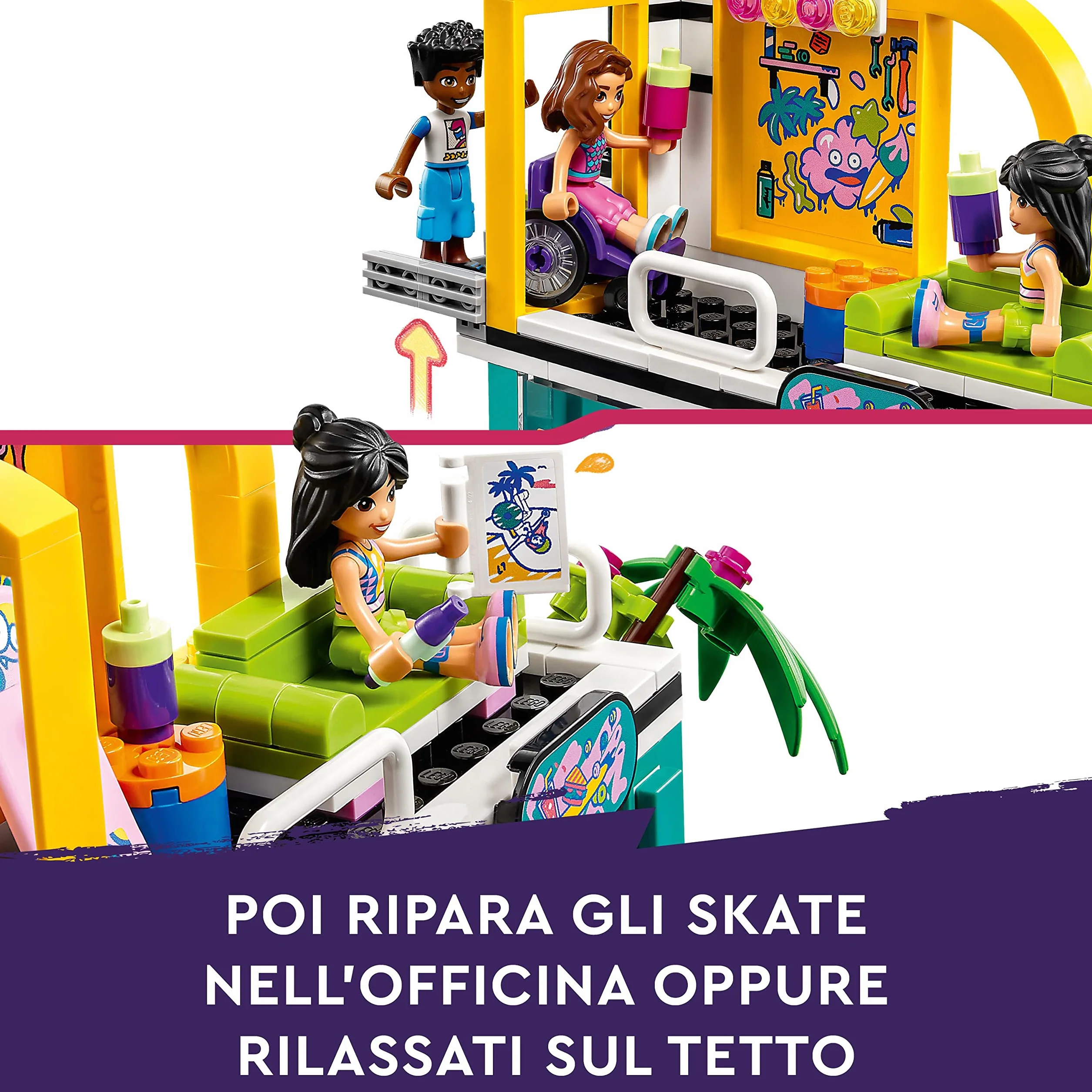 LEGO Friends Skate Park, Set con Rampa da Skateboard, Giochi per Bambine e Bambini dai 6 Anni con Personaggi 2023, Monopattino e Sedia a Rotelle 41751
