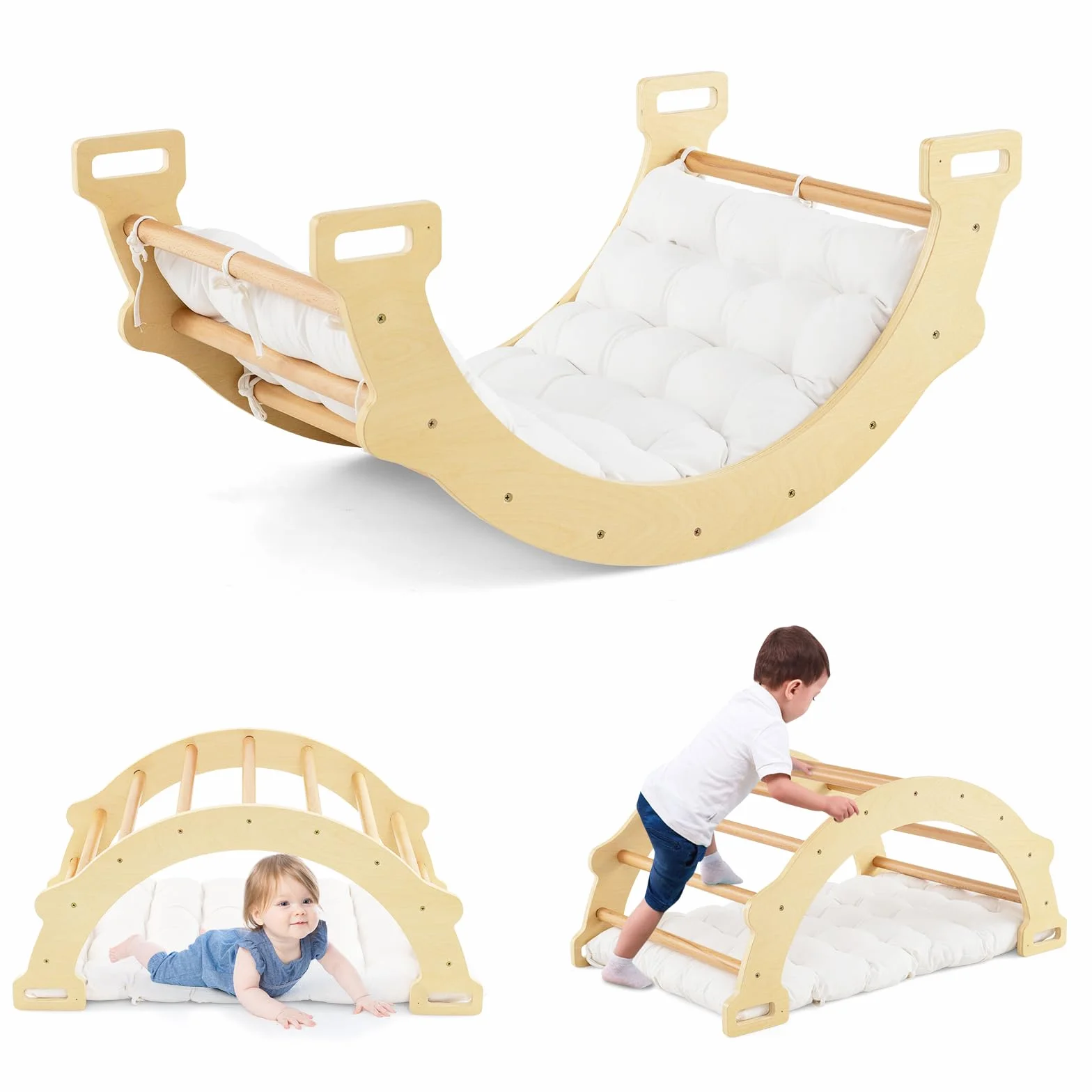 COSTWAY Arco da Arrampicata per Bambini, 2 in 1 Altalena ad Arco in Legno con Cuscino Morbido, Doppia Faccia, Ideale per Bambini 1+ Anni (Naturale)