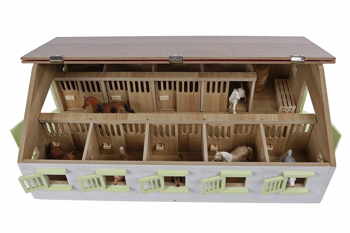 Van Manen Kids Globe Farming 610188 - Fattoria in Legno con 9 Box per Cavalli, con Tetto Pieghevole, Colore: Rosa