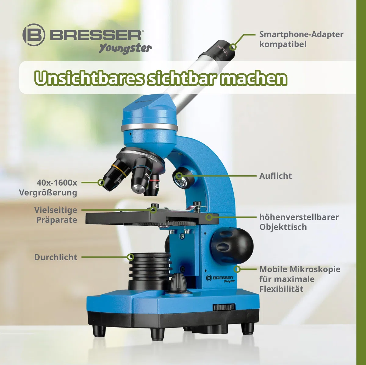 Bresser Bresse Junior microscopio per studenti Biolux Sel con supporto per smartphone, accessori e sistema di zoom Barlow, per bambini, principianti e adulti