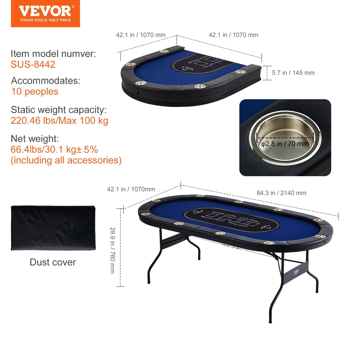 VEVOR Tavolo da poker pieghevole per 10 giocatori, portatile, con binari imbottiti e portabicchieri in acciaio inossidabile, blu (84')