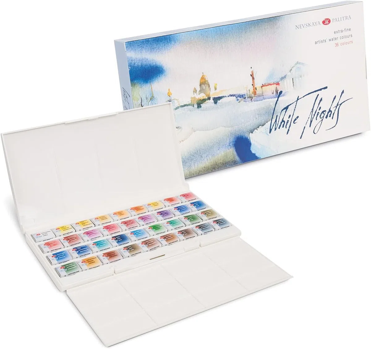White Nights Set di acquerelli russi per artisti, 36 colori in vasetti interi in una scatola di plastica, alta brillantezza e luminosità